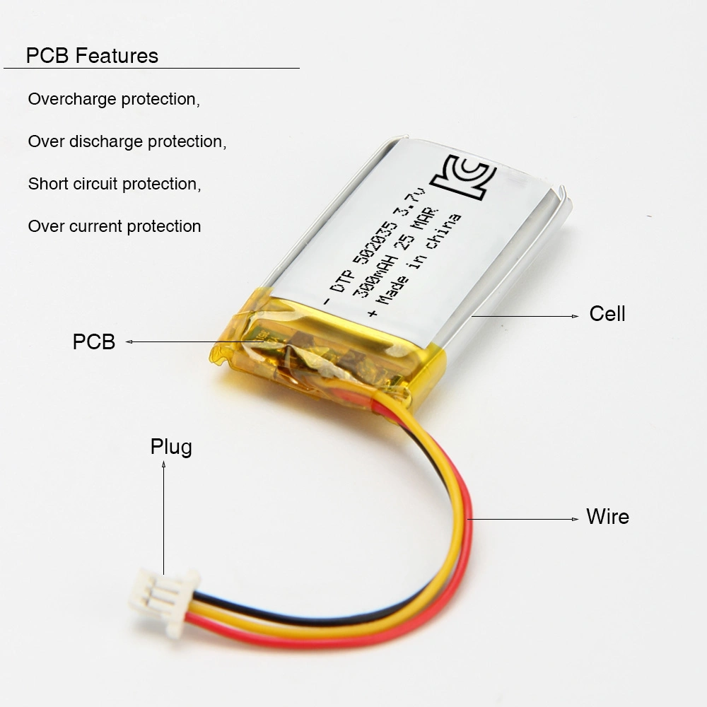 CE RoHS Approved 502035 3.7V 300mAh Lithium Polymer Battery for Smart Watch