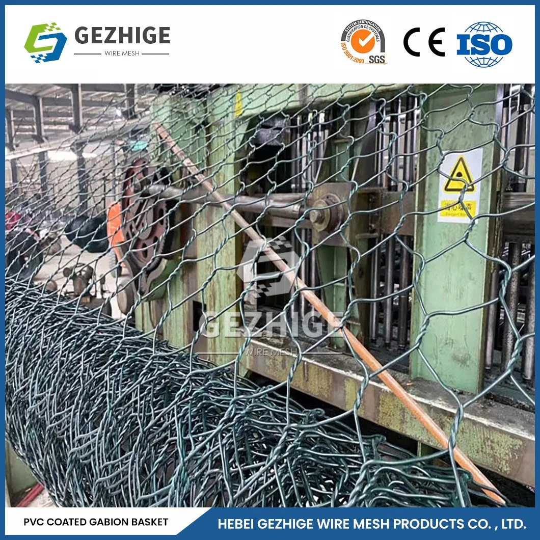 Gezhige 100x150 mm galvanizado Gabion Hexagonal Malla de cable 4,0 mm de espesor de alambre borde cable de metal recubierto de PVC Gabion China de Alambre Tejido Hexagonal Malla Gabion