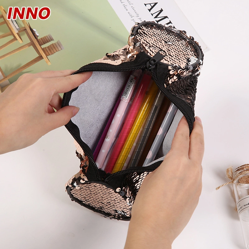 Usine de la vente directe de la marque d'Inno R053 n° nouveau sac de rangement Sequined papeterie à fermeture éclair au laser cas crayon en stock écologique