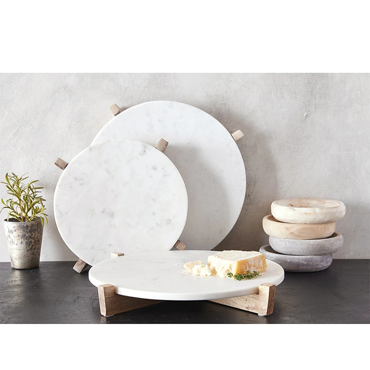 Marble Round Serving Tray Marble Serving Board with Mango Wood Stand