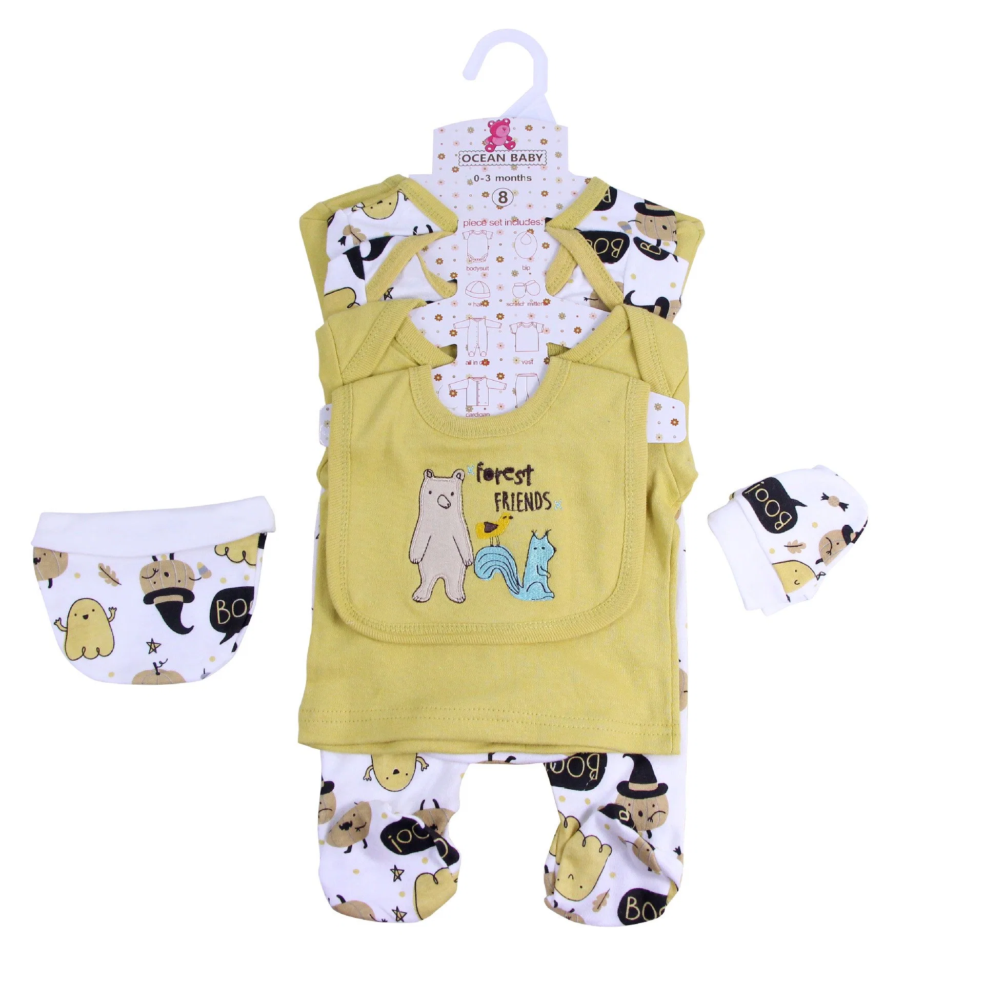 Wholesale/Supplier 5PCS Pack Newborn ensemble de vêtements bébé pyjama bébé Rompers Ensembles-cadeaux chaussettes à motif moufles et bavette bonnet en coton barboteuse pour garçons Ensemble de vêtements pour bébé