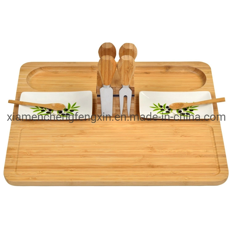 High quality/High cost performance  Rectangle Shape Bamboo Cheese Board with 4 Knife Tools, 2 Creamic Bowls and Magnetic Holder
