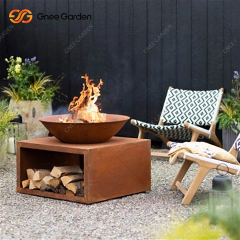 Rusty Surface Corten Steel Fire Pit with Woodstorage