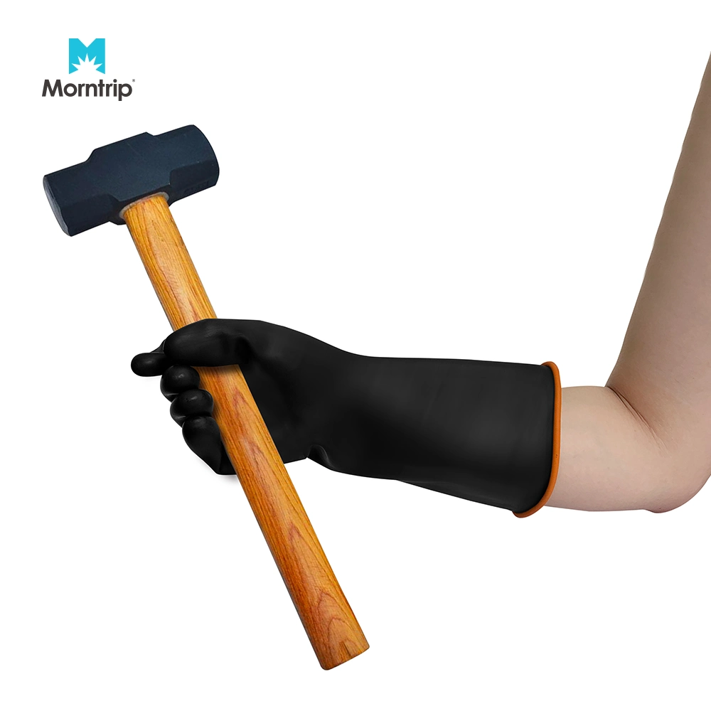 Черный натуральный резиновый латекс промышленных перчатки с внутренней оранжевый гладкая отделка перекатываться манжеты