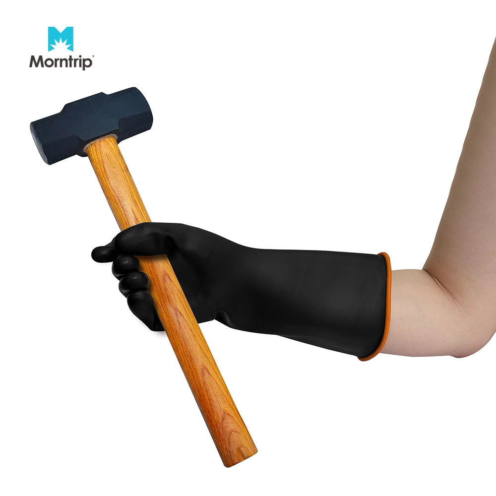 De latex de caoutchouc naturel noir Gants industriels avec finition lisse laminé intérieur Brassard Orange