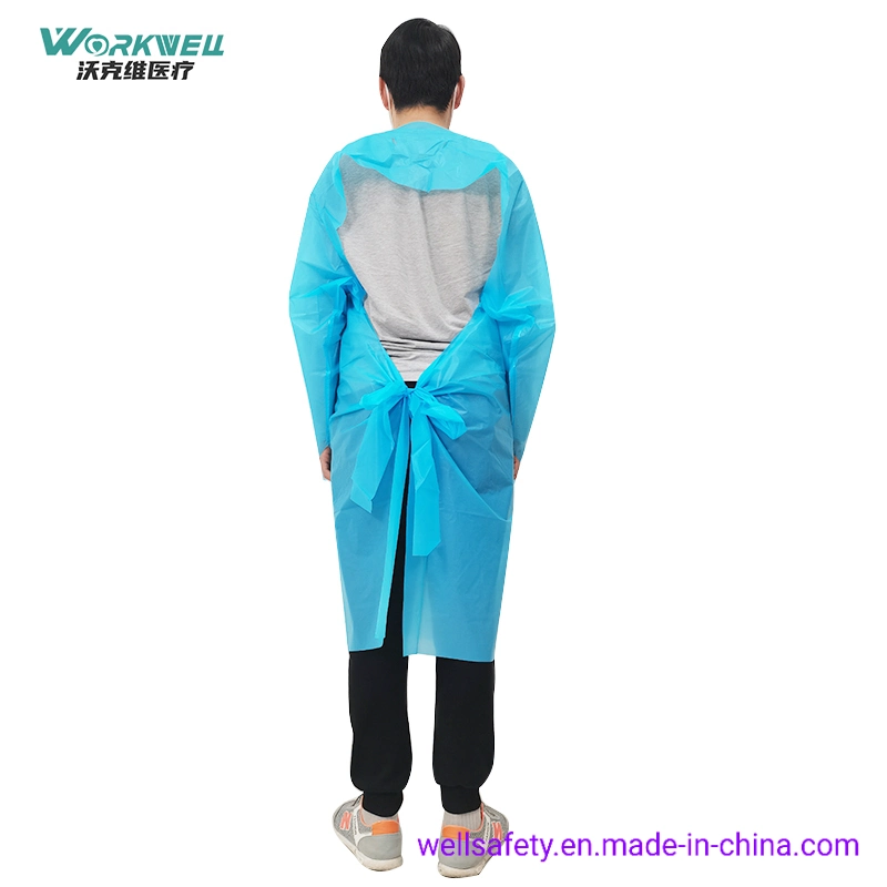 AAMI Level 2 CPE Disposable Gown with Long Sleeves 55g Washable Blue Plastic Aprons for Hospitals Waterproof CPE Surgical Gown En14126