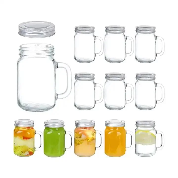 Wholesale Clear 8oz 240ml Square Juice Glass Drink Beverage Sealed Glass Cups Mason Jars with Plastic Metal Lids with Handle