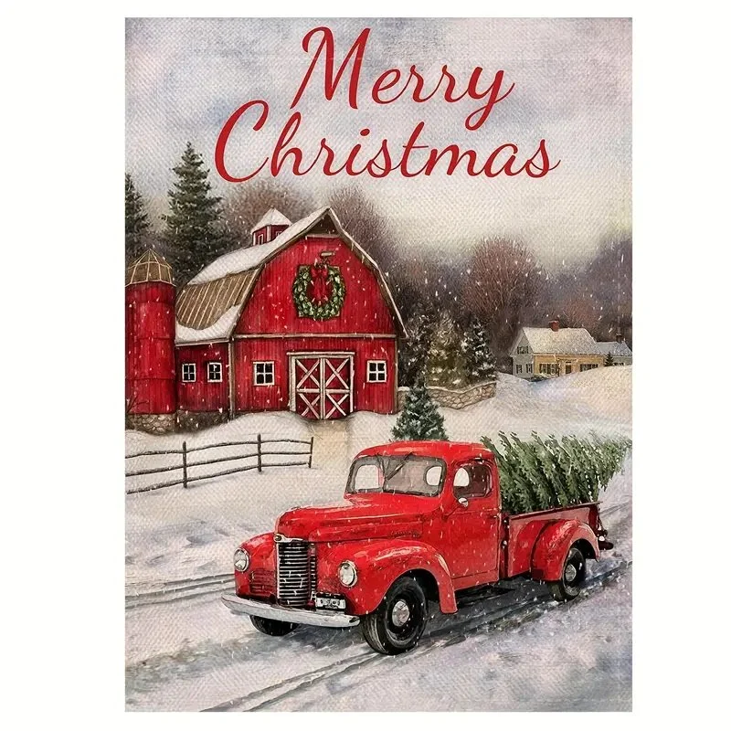 Home Decorative Merry Christmas Garden Flag Red Truck Double Sided Winter Rustic Quote House Yard Flag Xmas Pickup Outside Holiday Yard Decorations Horses