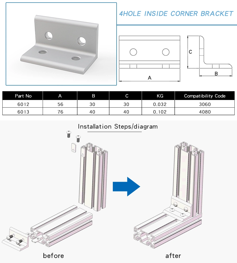 Estante flotante Chinamanufacturer Soporte de esquina de transición estándar de 4 agujeros 3060 Para accesorios de perfil de aluminio