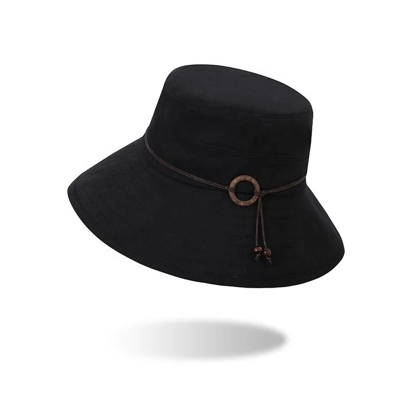 Preço Atacado Women Wide brim Lady Sun Hat com corda Gorro de Verão preto Bucket preto entrançado com chapéus