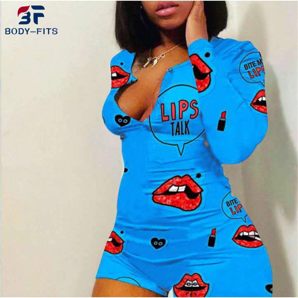 Women Lip Print Sexy Long Sleeve V Neck Short Onesie Pajamas