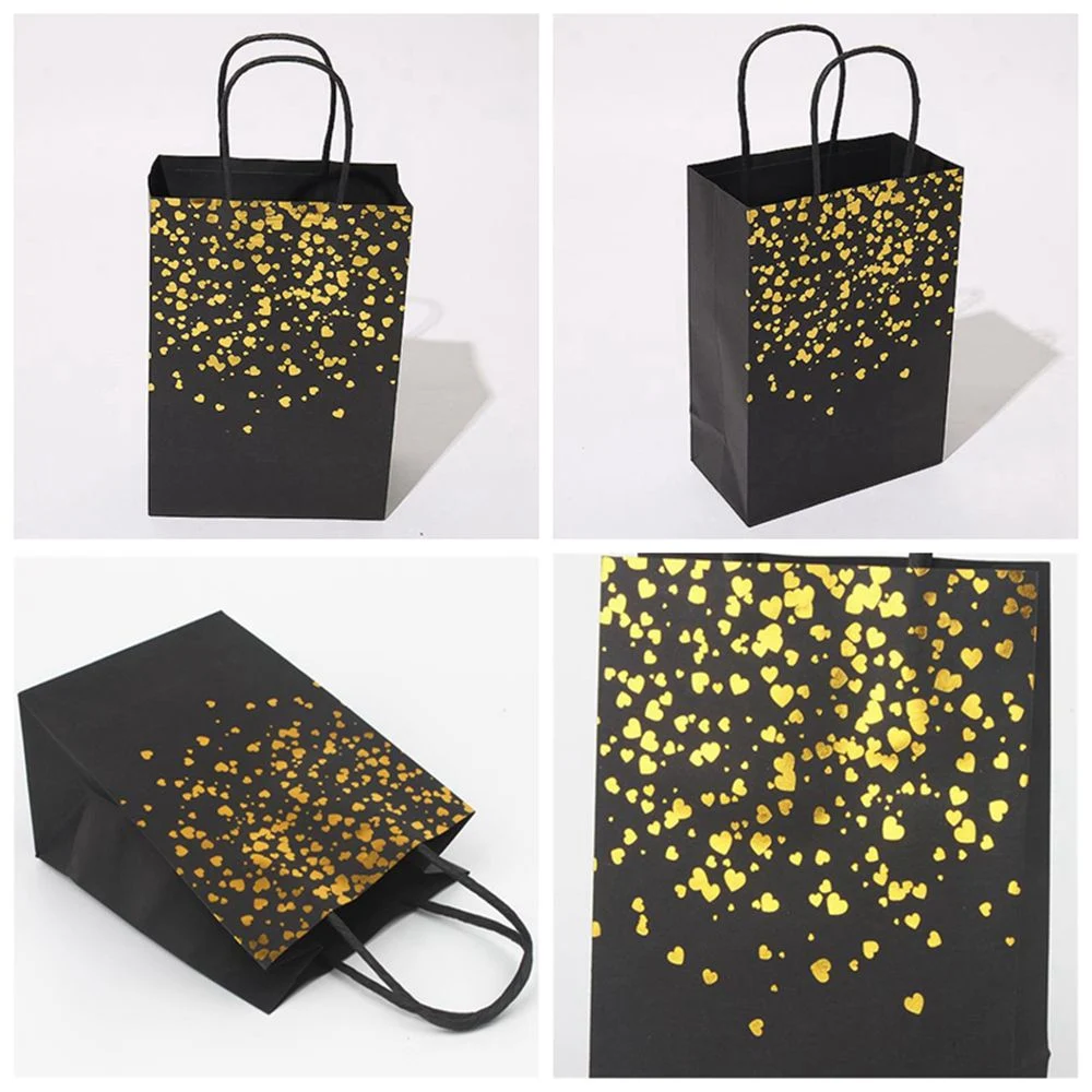 Black Kraft Paper Bags with Handles Gold Star Heart Gift Bags Party Shopping Bags for Birthday Party Wedding, 15X8X21 Cm 500PCS