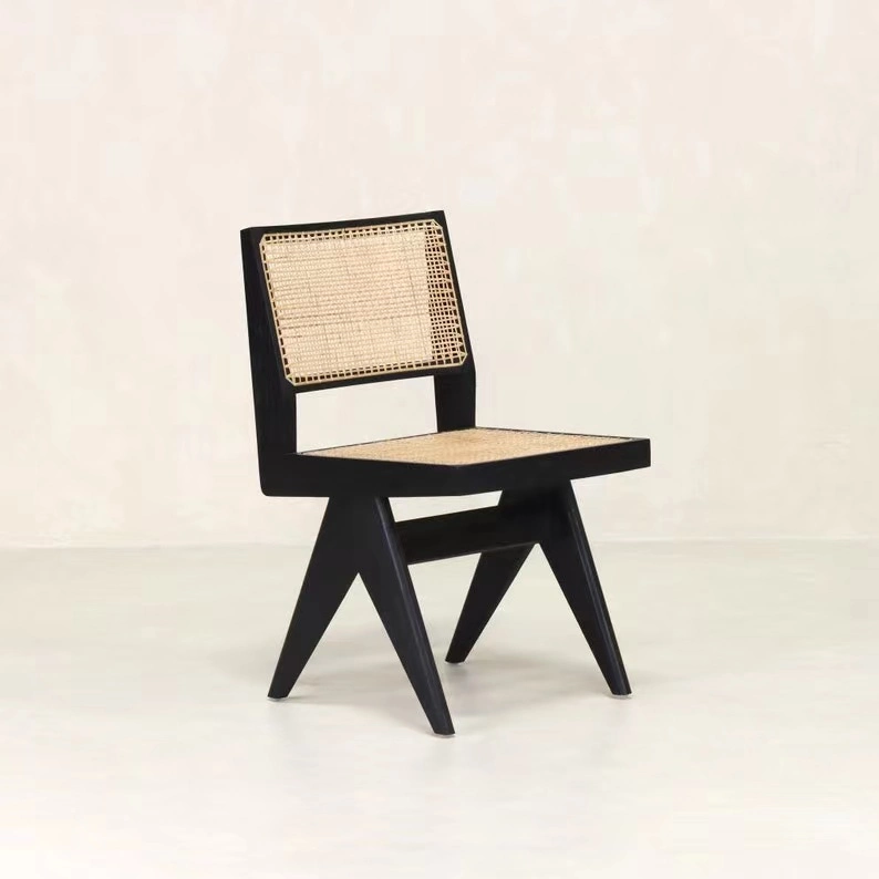 Nordic Style Pierre Jeanneret Chair Chandigarh Chair Massivholz Rattan Essstuhl mit Rückenlehne