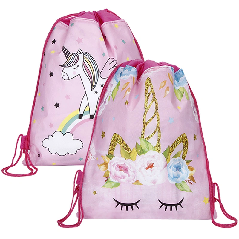 Kids Unicorn Drawstring Backpack Cute Cartoon Polyster String Backpack Travel Rope Drawstring Bag