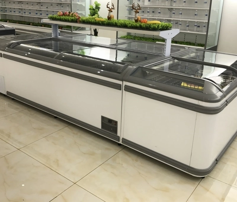 Supermarket Sliding Glass Top Island Freezer Finishing Fridge Seafood Display