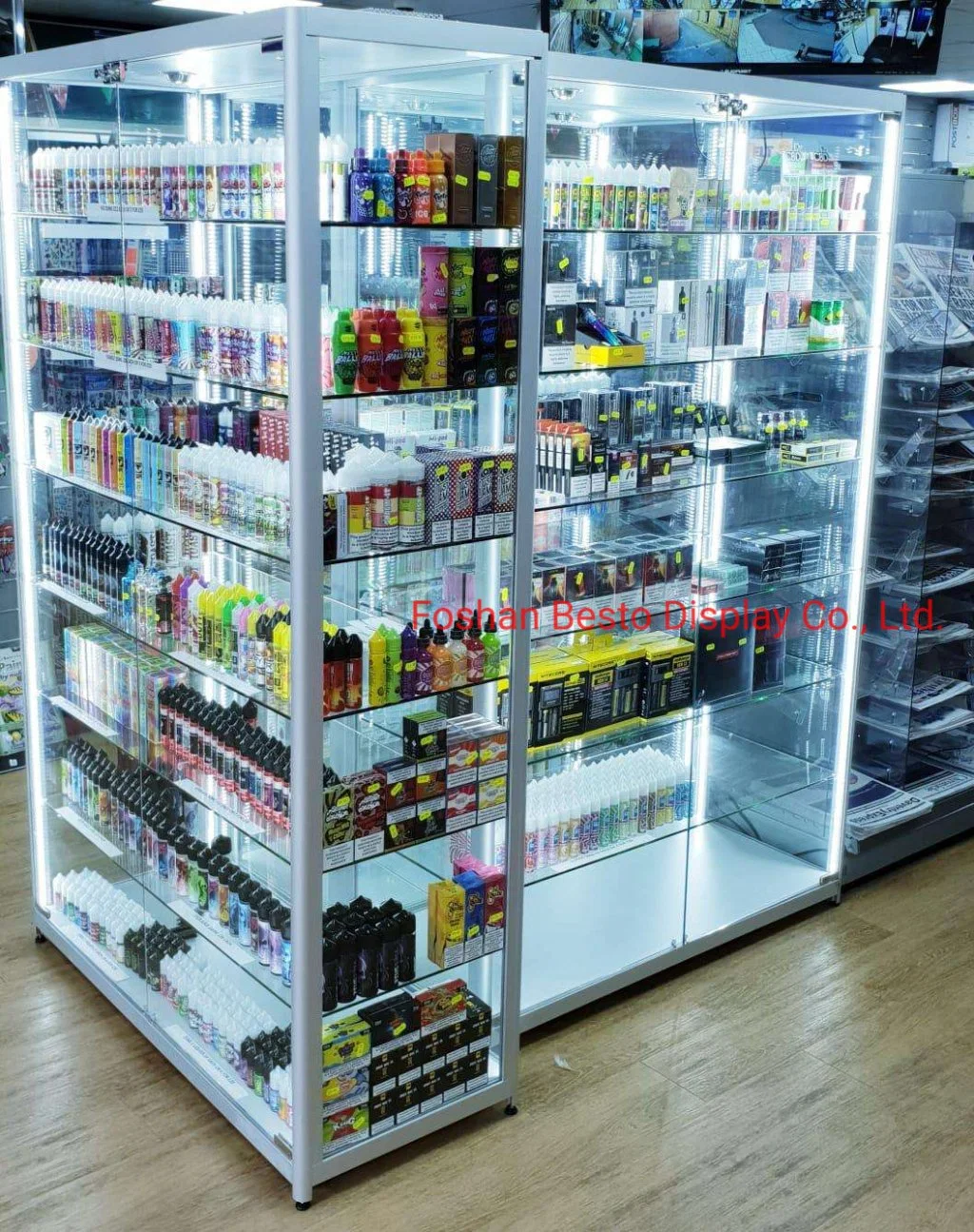 78 pouces de hauteur Armoires d'affichage en verre avec lumières LED et étagères en verre pour magasin de vape, magasin de fumée, bijouterie, magasin de tabac, magasin de cigarettes, présentoir de vente au détail.