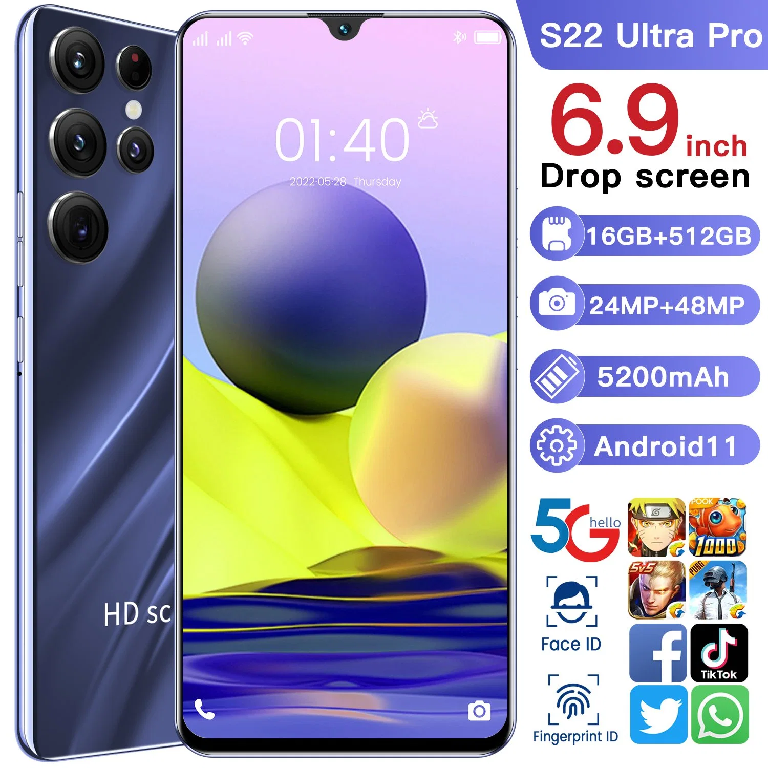 Téléphones Viqee haute qualité S22 Ultra PRO 16+512 Go Smart ODM OEM de téléphone mobile prêts en stock