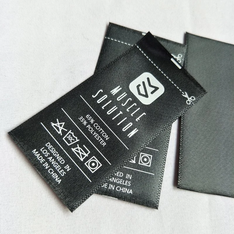 Custom Printed Logo Clothing Black Satin Care Labels Tags with Wash Instruction