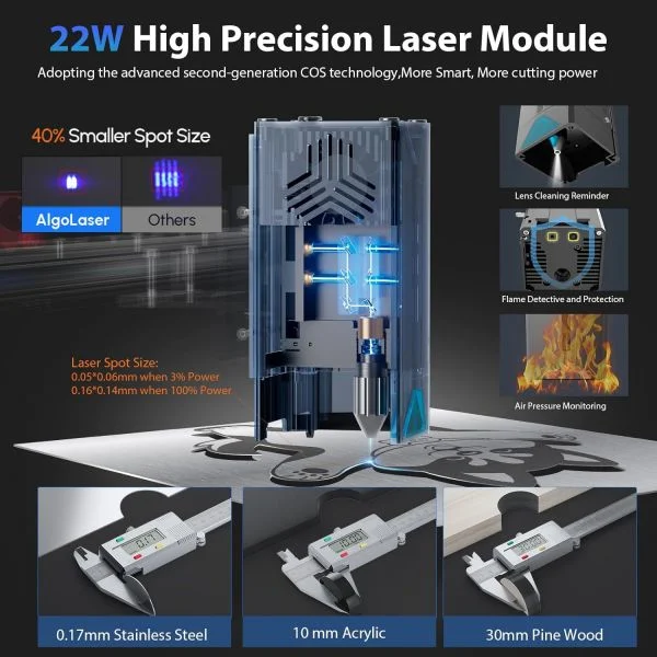 Algolaser Delta Laser Cutter 22W salida potente máquina de grabado láser con aire asistido, APP compatible Laser Cutter, alta precisión y velocidad para madera, metal