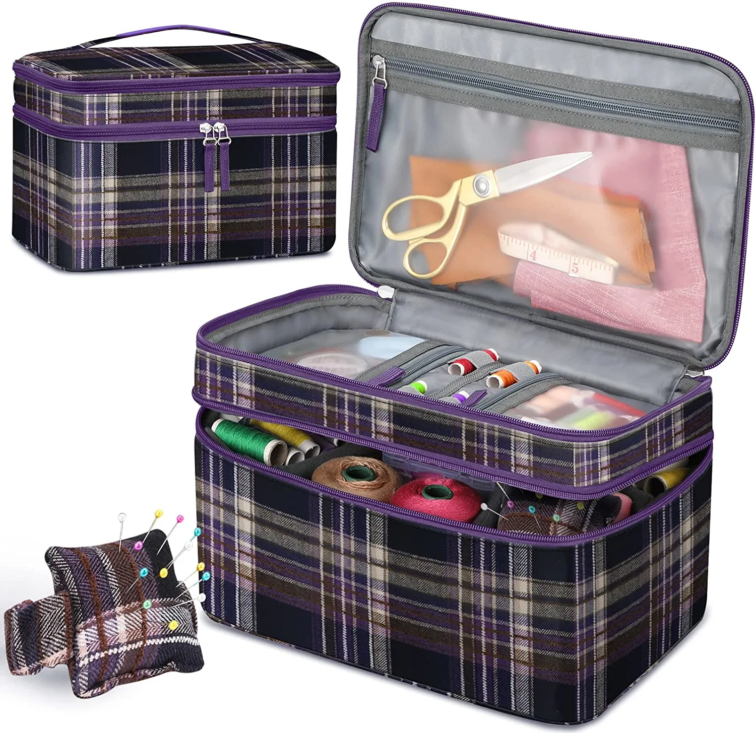 Double-Layer Sewing Kits Carrying Bag with Wrist Pin Cushion for Threads