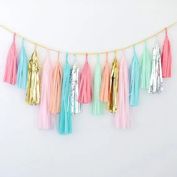 Blue Tissue Paper Tassels Garland Gold Garland Bunting POM POM for Nursery Decorations Tassel Paper