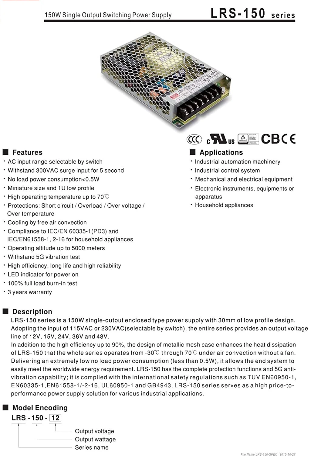 Lrs-150-24 Switching Power Supply, Single Output, 24V, 6.5A, 156W, 6.26" L X 3.82" W X 1.18" H