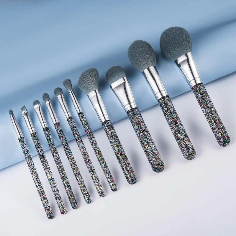 10 PC Colorful Floating Sequins Foundation Blending Blush Eyeliner Face Powder Beauty Makeup Brush Plastic Women's Fashion Makeup Brush Set