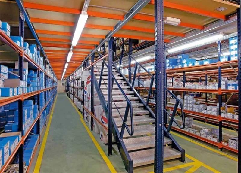 Multi-Tier Shelving Raised Warehouse Storage Shelving 6000 Bolted Shelves Steel Platform Mezzanine Accessed by Staircase