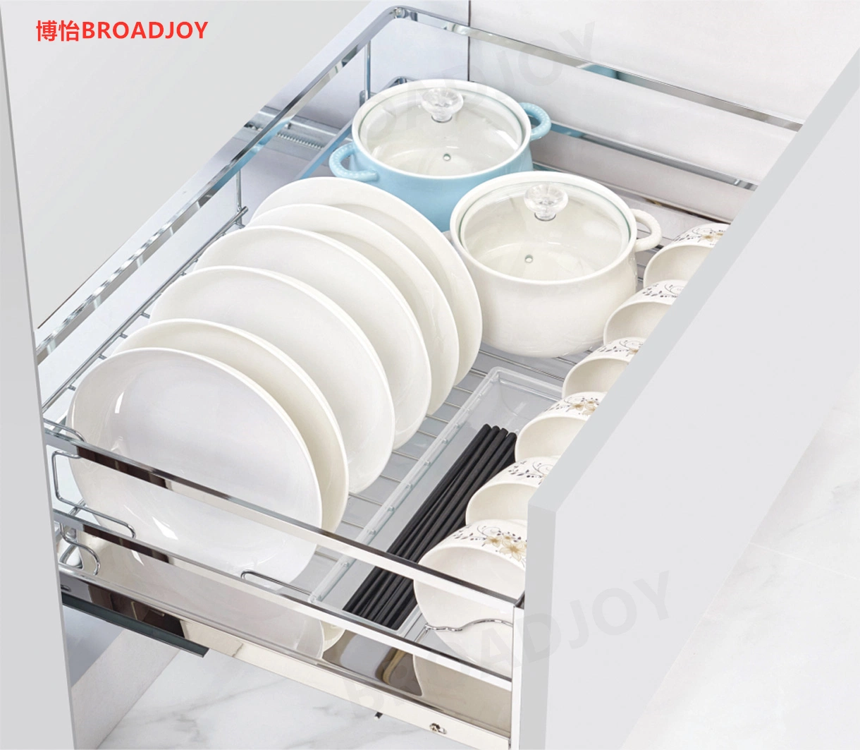 Double Kitchen Cabinet Pull out Basket with Lid Shelving Dish Plate Organizer Drainer Basket