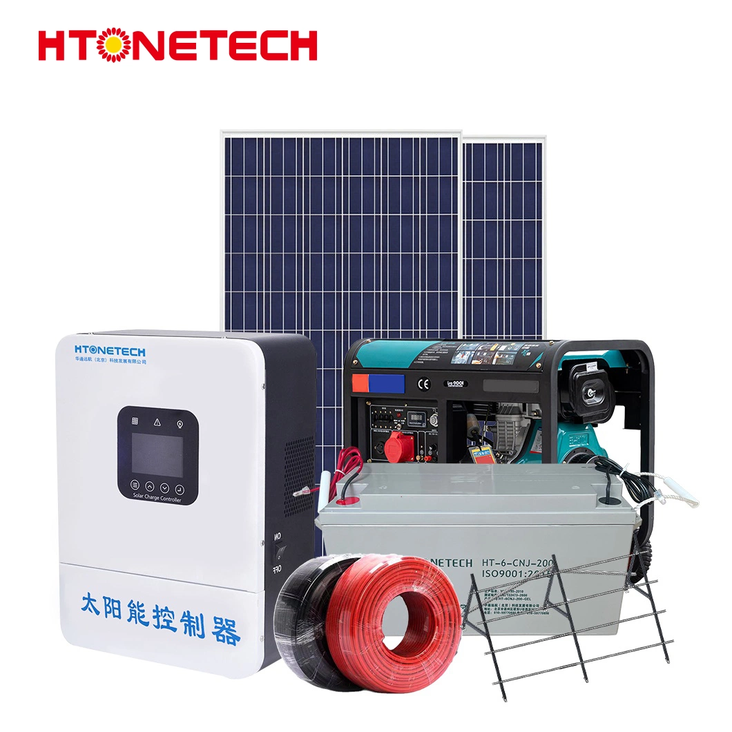 Htonetech 3.6kw 48V Complete off-Grid Solar Power System Factory China 8kw 10kw 15kw Spring Hybrid Solar Panel Big Diesel Generator Solar Cell Hybrid System