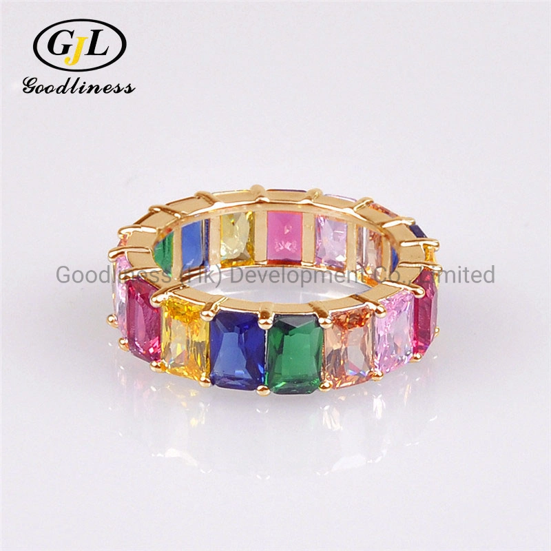 Gold Plated Set Hip Hop Men&prime; S Color Square Zircon Ring Rainbow Zircon Ring Hiphopring Men&prime; S Jewelry Ring Jewelry