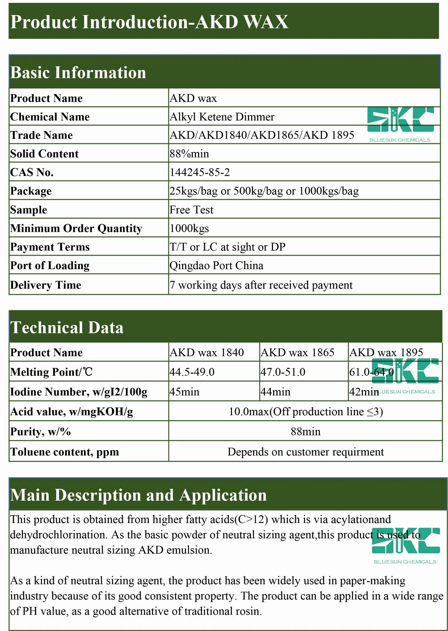 AKD Wax 1840/1865/1895; Manufacture; Raw Material of AKD Emulsion