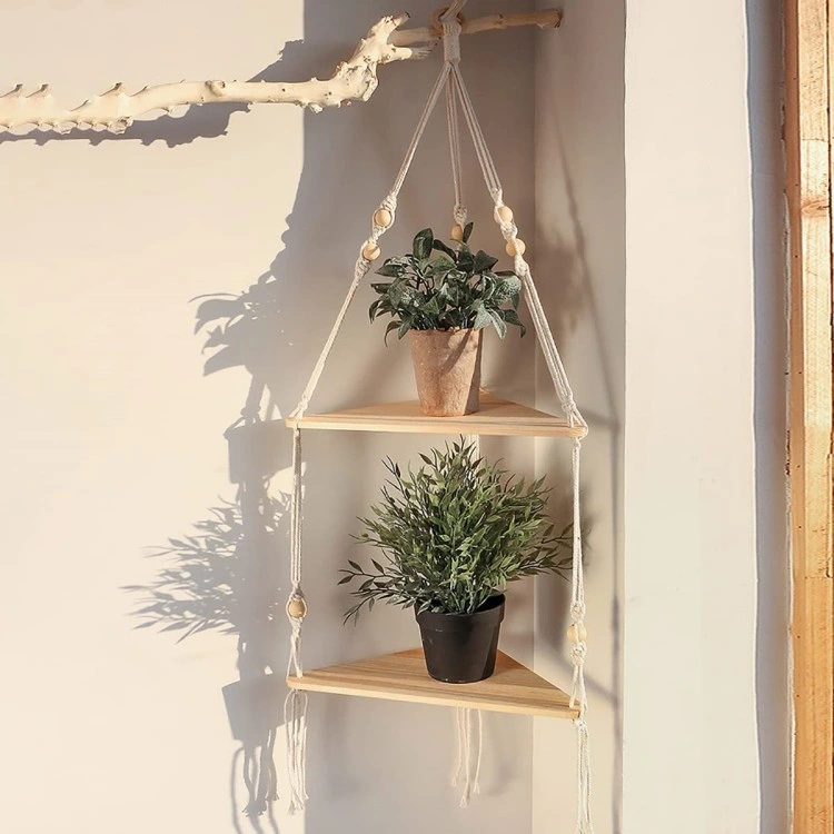 Estantes de pared de madera Macrame planta colgante estante con una borla