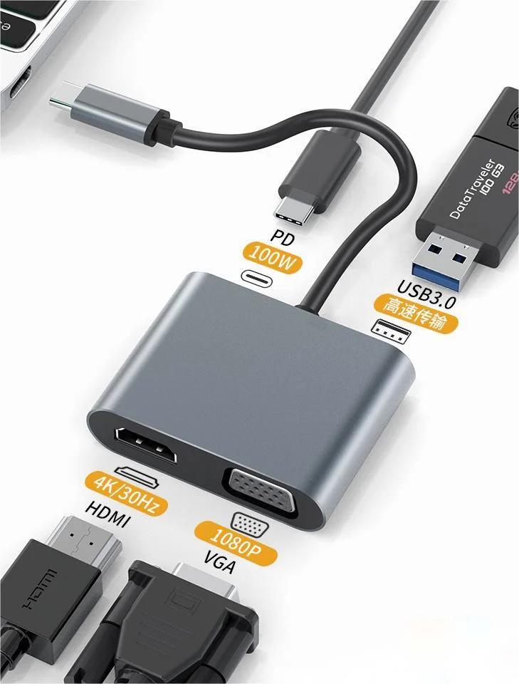 Laptop Hub Type C to VGA and HDTV USB Adapter 4 Port USB2.0 3.0 4 in 1 Hub