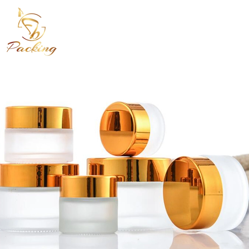 Wide Mouth Cosmetic Glass Cream Jar Customized Glass Jar and Outer Paper Box with Gold Aluminum Lid 50g