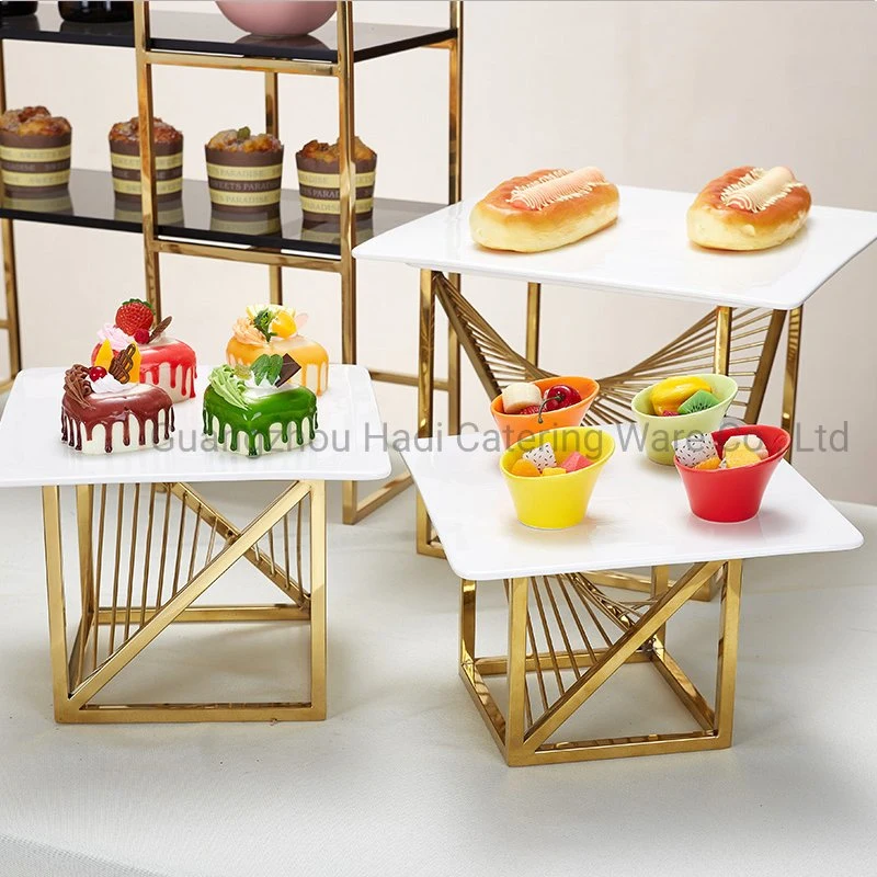 Hotel Bankett Ausrüstung Hochzeit Dekorative Quadratische Dessert Gold Glas Kuchen Serviert Werden Platten Buffet Risers Stand Buffet Elevation