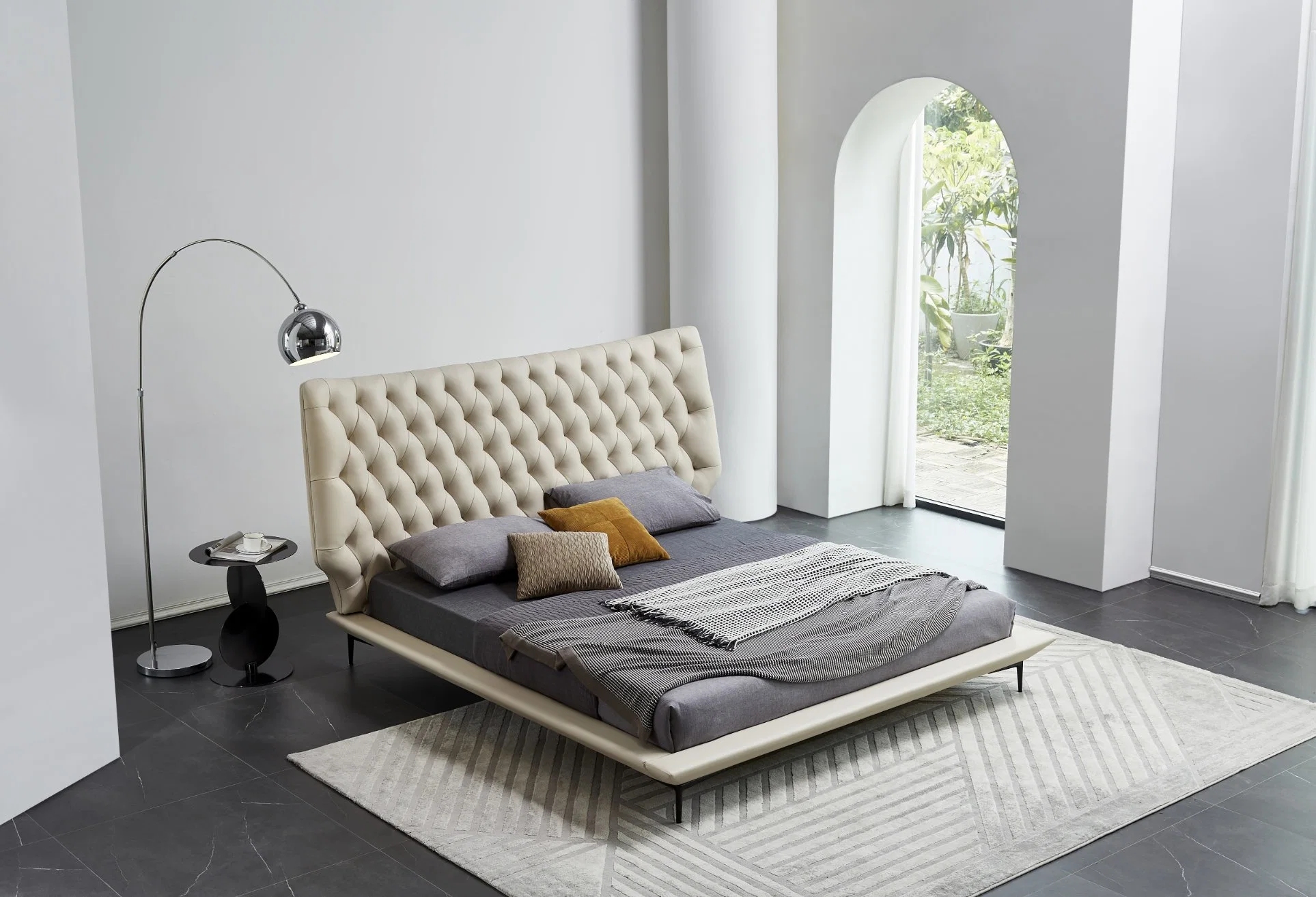 Muebles de lujo personalizados modernos de la cama Cuero botón tapado de alta Cabecera cama doble Muebles de lujo