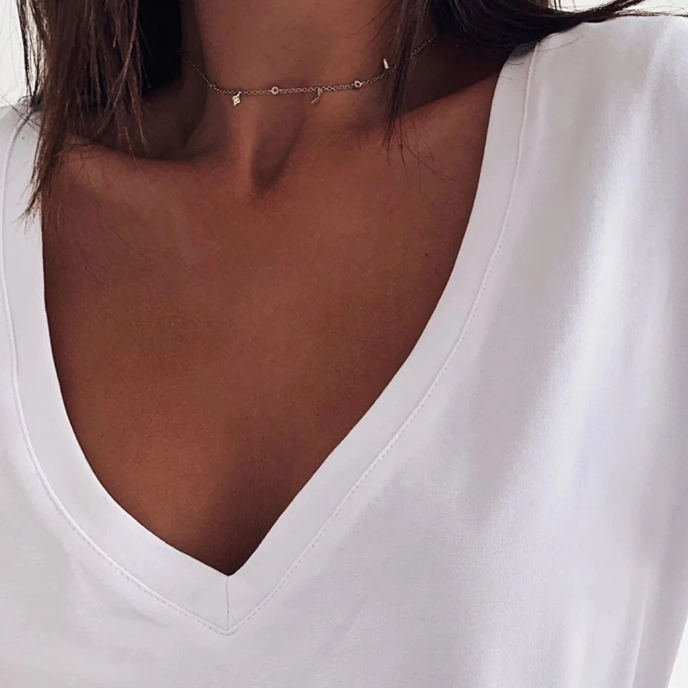 Mujeres Casual Verano sólido Sexy V cuello desbocado corto suelto Camiseta con parte superior con fondo de manga y camiseta blanca para mujer de talla superior