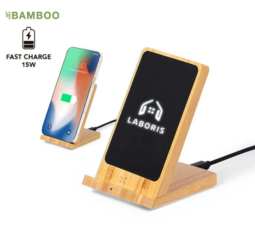 Hot Selling15W Fast Wooden Bamboo Wireless Charging Stand Phone Holder Custom Logo Mobile Phone Wireless Charger