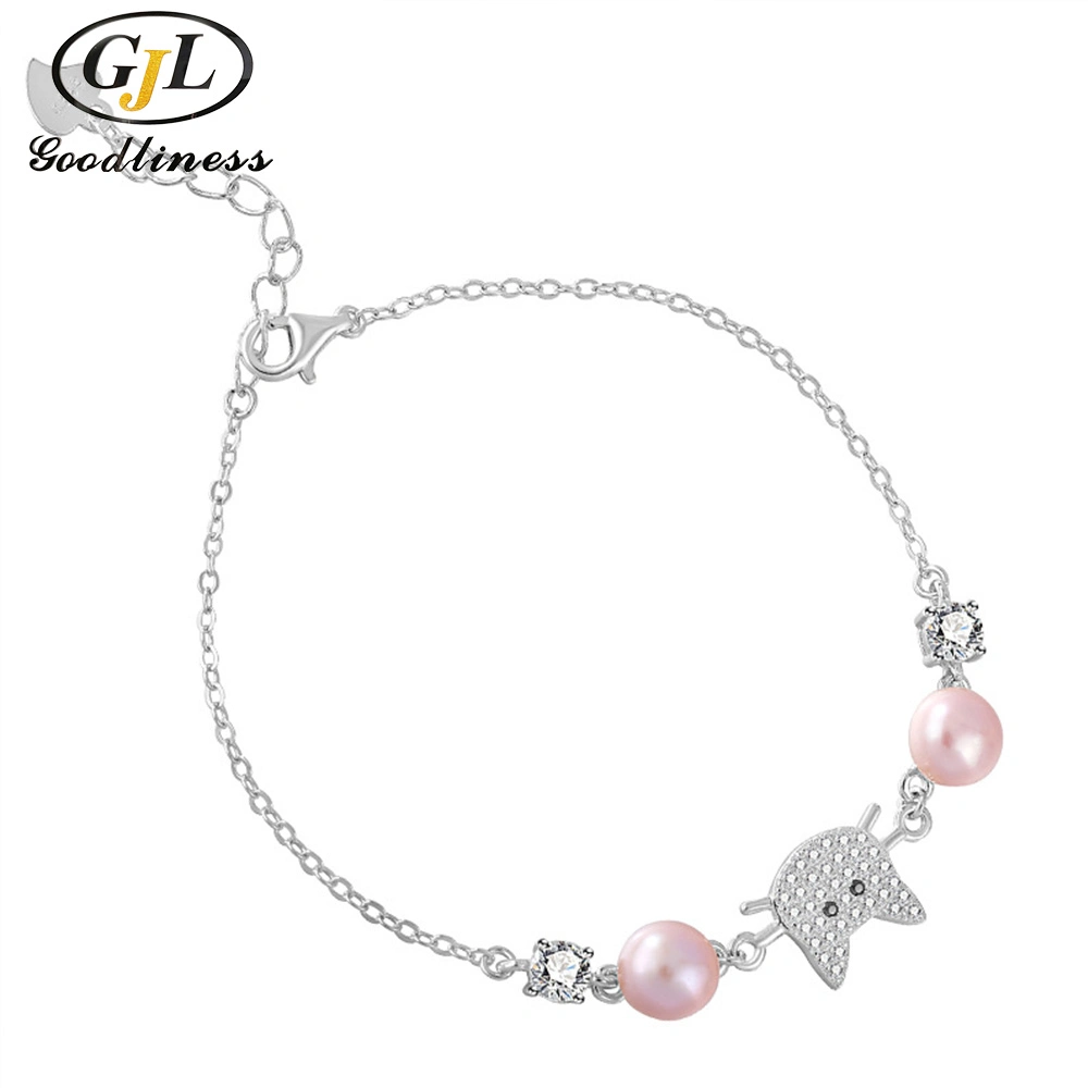 Kpop Style Freshwater Pearl Cat Bracelet for Girls Silver 925