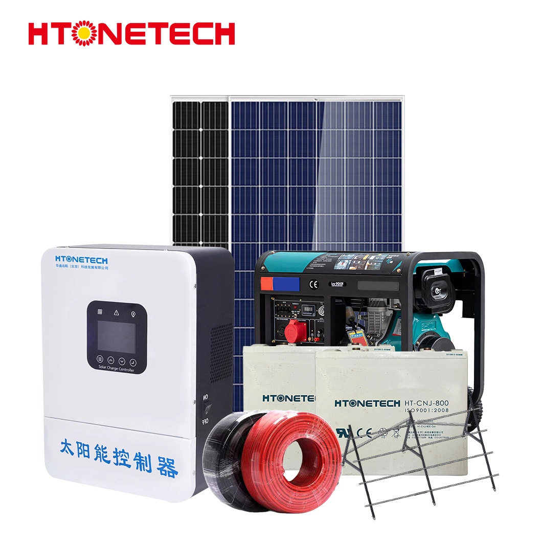 Htonetech 10FT نظام الطاقة الشمسية للحاويات خارج صناعة الشبكات الصين 38kw مولد الديزل التوربيني بالوجه ثنائي الوجه بقوة 600 واط ذو اللوحة الشمسية بقدرة 3 كيلوواط النظام