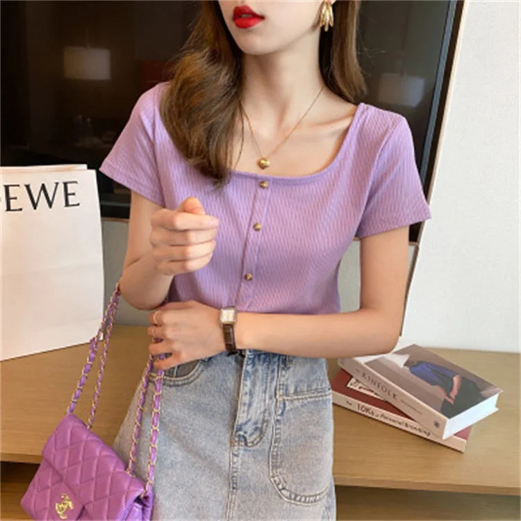 2023 Fashion Women Casual Summer Crop Top Short Sleeve V Neck Tee Button Ribbed Blouse T Shirt