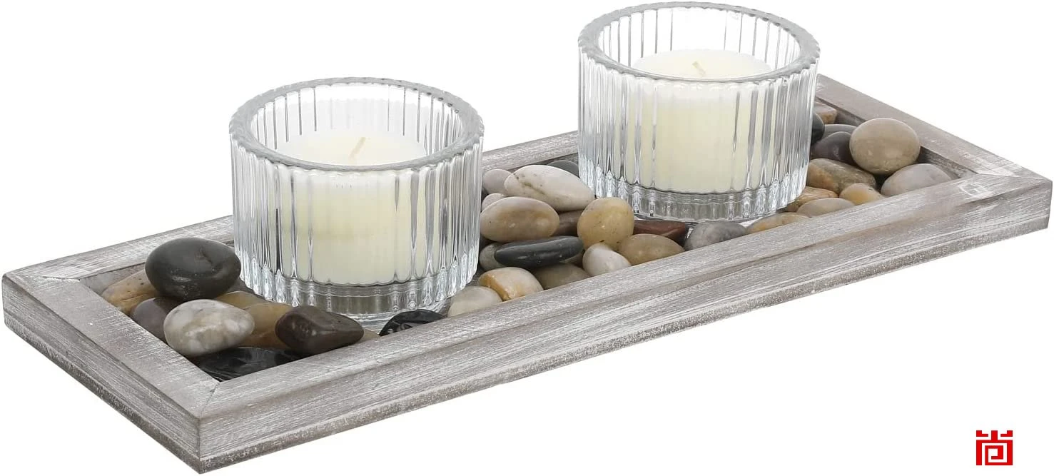 Decorative Glass Candle Holder Set with Whitewashed Wood Tray