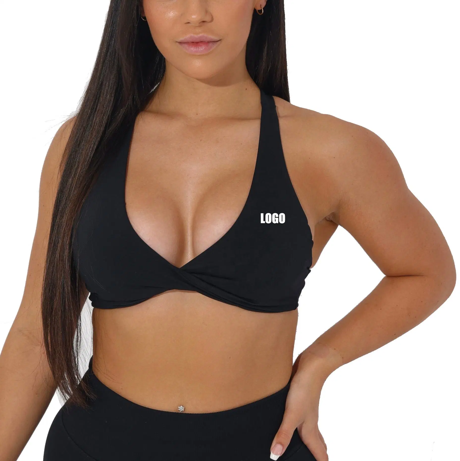 Hochwertige Frauen Gym Active Yoga Wear Front Twisted Strappy Gepolsterter Spandex Nude Cross Back Sport-Bh