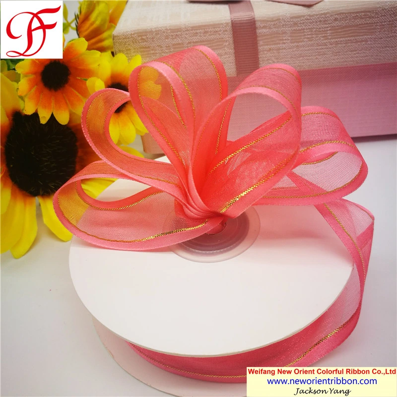 100% Nylon Satin Edge Organza Ribbon with Metallic Trims for Wrapping/Decoration/Xmas/Bows/Garment/Gift Decoration