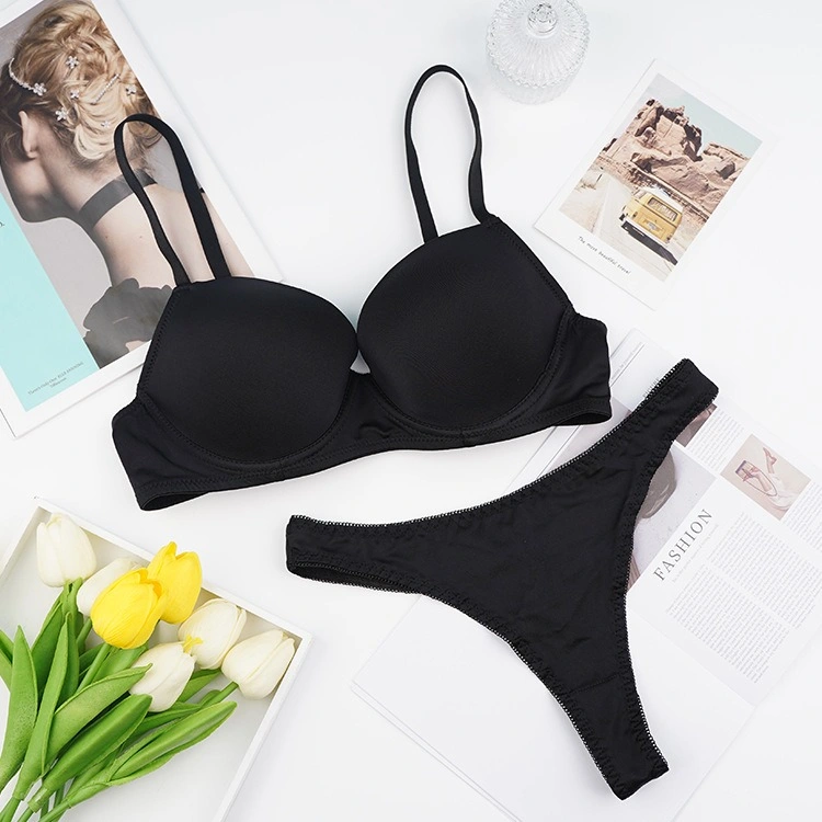 Ensemble de soutien-gorge noir pour femmes de qualité garantie OEM, mode féminine, taille plus, bikini, t-shirt, soutien-gorge à armatures, lingerie deux pièces.