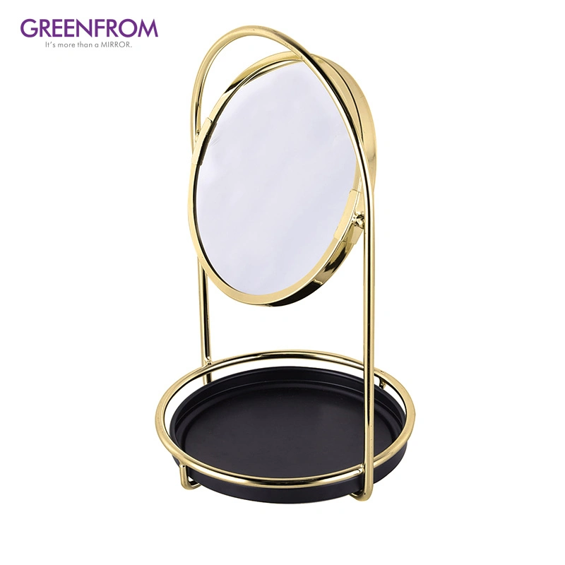 Customized 6 Inch Magnifying Gold Cosmetic Vanity Table Makeup Mirror with Wooden Storage Tray