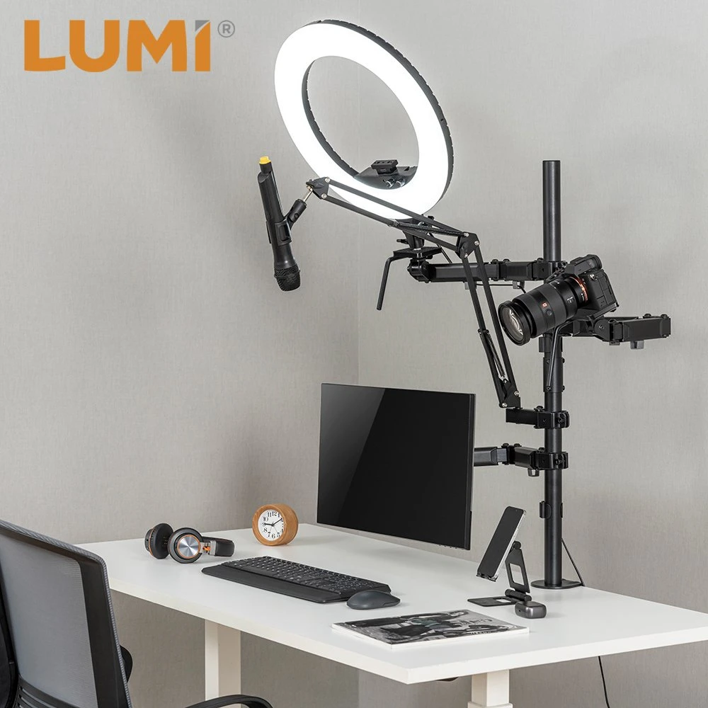 Premium Adjustable Mic Boom Arm Microphone Stand with Light and Monitor Mount