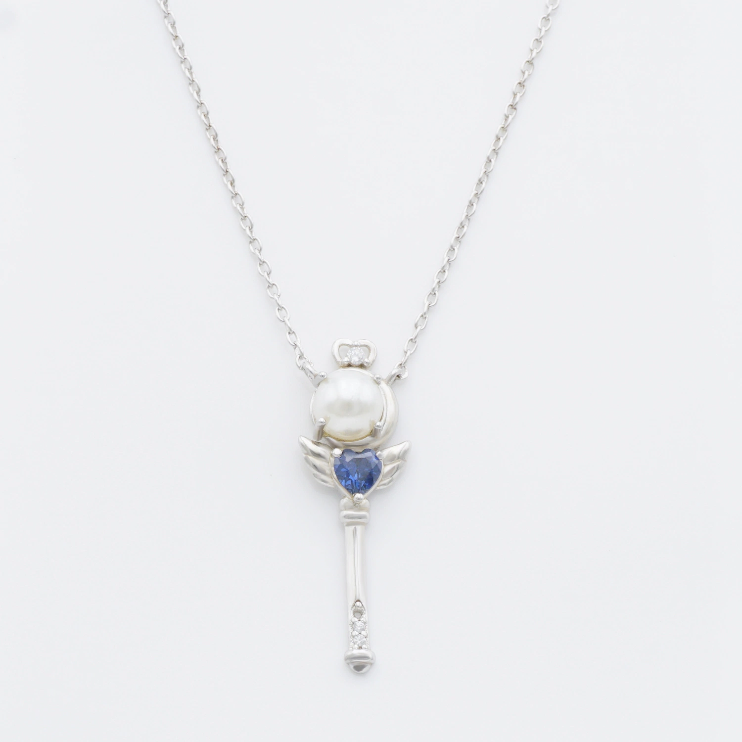 Wholesale Custom Rhodium Fashion Silver Pearl Jewelry with Gemstone Fairy Wand Necklace