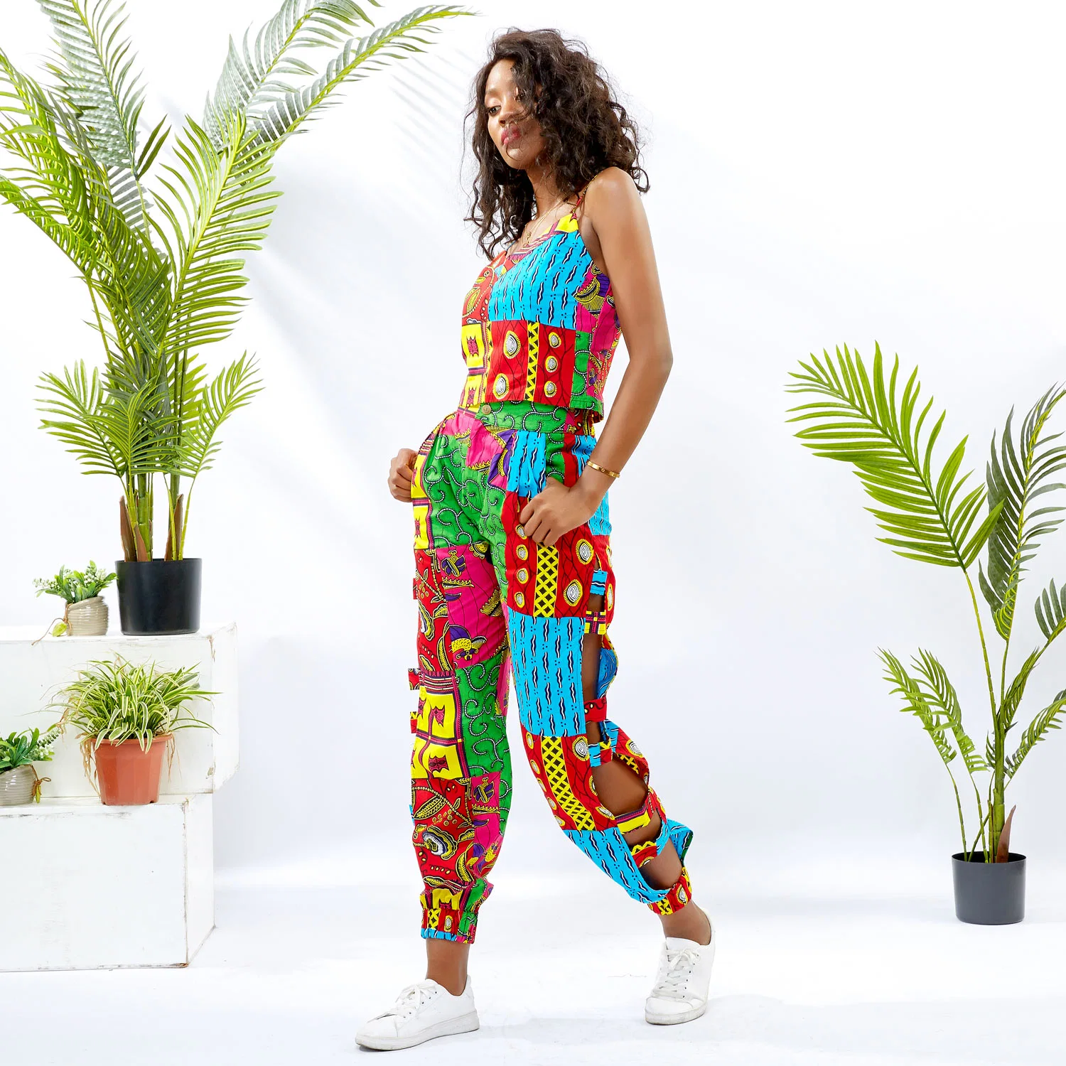 2021 Summer High-Quality Pure Cotton African Women Set Sleeveless Top and Side Hollow out Pants 2 Pieces Suts